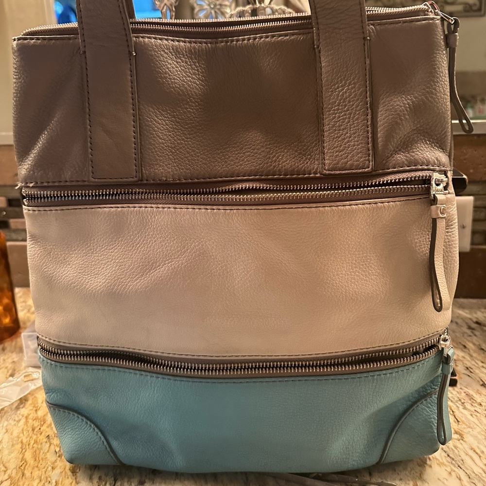 Fossil Tri-Tone Leather Tote in Brown, Cream & Teal with matching wallet